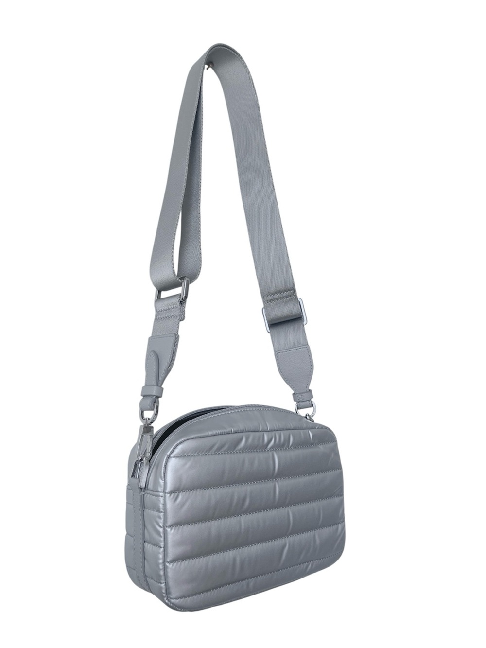 Fossil Metallic Crossbody Shoulder Camera Puffer Bag in Silver Nylon
